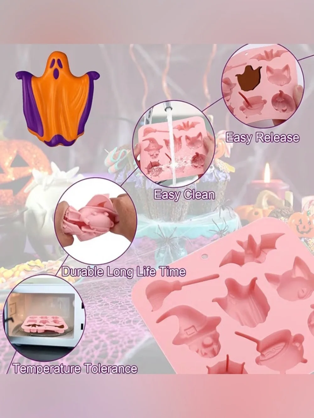 Silicone Halloween Candy Mold – Pink Ghost, Bat & Pumpkin Shapes